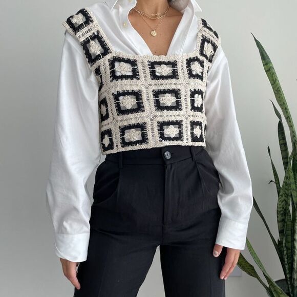 Crochet Knit Square Neck Cropped Sweater Vest in Neutral - Picture 2 of 8